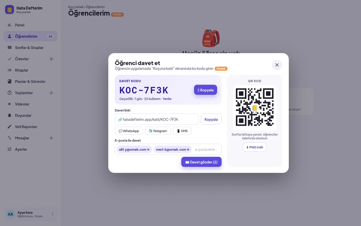 Öğrenci davet ekranı: kod, bağlantı ve karekod