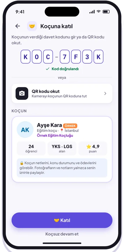 Koça katıl ekranı: kod veya karekod