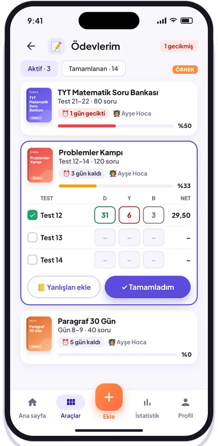 Öğrencinin Ödevlerim ekranı