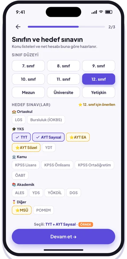 Öğrenci uygulamasında sınav ve sınıf seçimi
