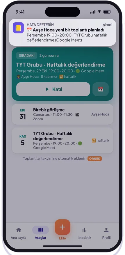 Öğrencinin telefonunda toplantı bildirimi