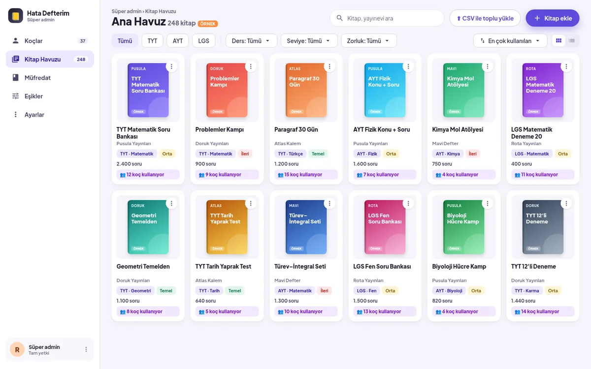 Süper admin Ana Havuz kitap ekranı